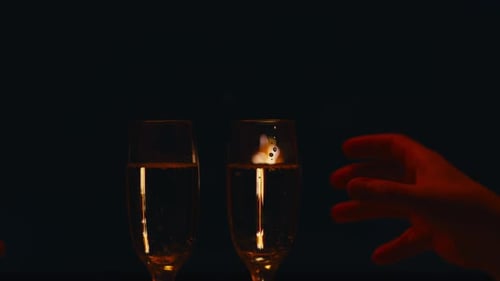 Brinde comemorativo com champanhe e fogos de artifício ao fundo