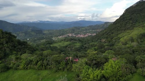Aerial view of the small Andean town of Venecia, nestled in the lush vegetation of the Western
