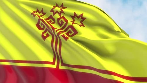 Vibrant Yellow and Red Flag Waving with Stylized Tree Symbol