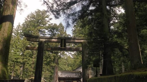 Plan panoramique panoramique d'une porte tori en pierre au milieu de la campagne japonaise avec une belle lumière