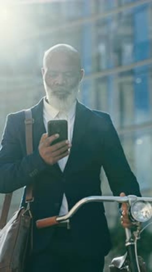 Phone, bicycle and black man in city for business, travel or communication