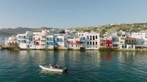 Aerial of Little Venice, Chora, Mykonos, Greece