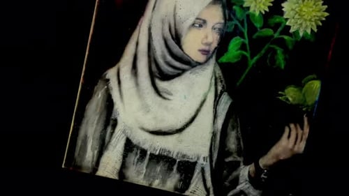 Painting of Woman in Hijab with Foliage and Flowers