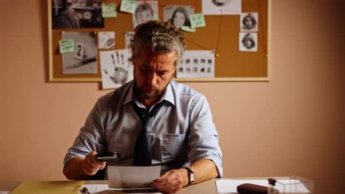 Closeup of Detective's Office Middleaged Investigator in Shirt and Tie Sitting at Desk Examining