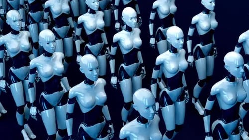 De nombreux robots androïdes féminins identiques marchent ensemble vers l'avant