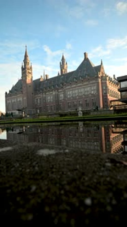 Pond, fountain and garden of the Peace Palace in The Hague, The Netherlands