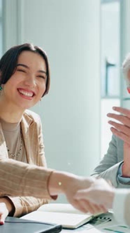 Business, woman and meeting with handshake in office for partnership, agreement and recruitment