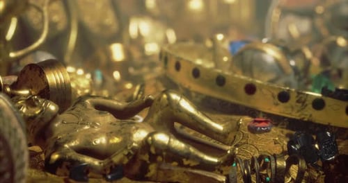 Golden Treasure Pile Ancient Artifacts 3D Render Animation