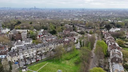 Highgate North London UK drone,aerial London in background