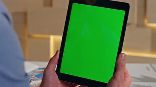 Businessman Hands Holding Greenscreen Tablet at Work Space Close Up Unknown Man