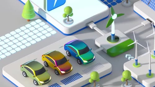 Generic electric car driving through green landscape with solar panels and wind turbines