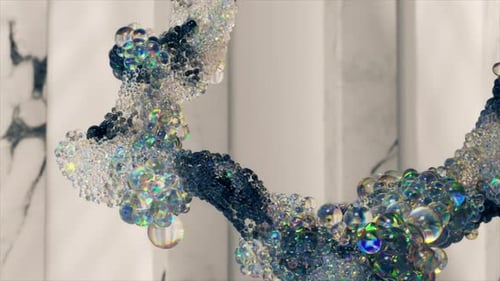 Abstrakte künstlerische Videoanimation mit 3D-Bewegung von zerstreuten Bällen, basierend auf der Verwendung von kleinen Bällen