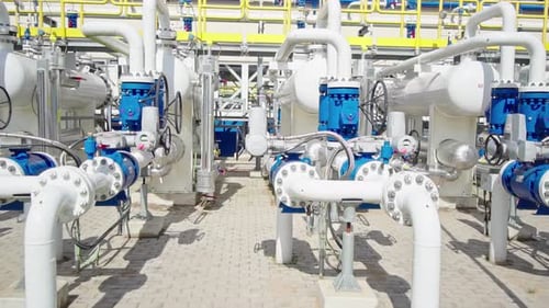 Massive gas pumping station pipeline and valves, side view