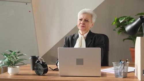 Woman Works on Laptop in Office Environment