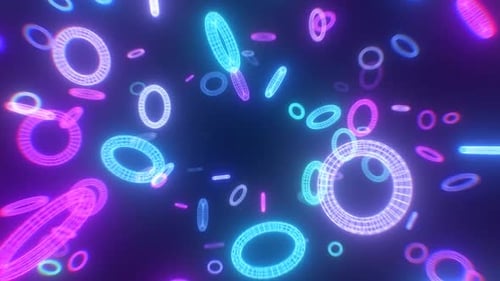 Retro Synthwave Neon Glowing Wireframe 3D Torus Shapes Fly At Camera