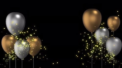 Golden and silver balloons floating and going up with golden glowing confetti on alpha channel.