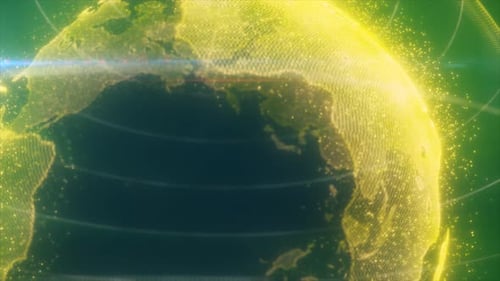 Uma representação digital da Terra verde com linhas brilhantes ao redor do planeta