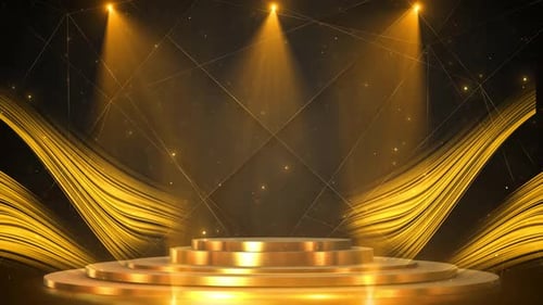 Golden Stage Podium with Spotlights and Falling Confetti Animation