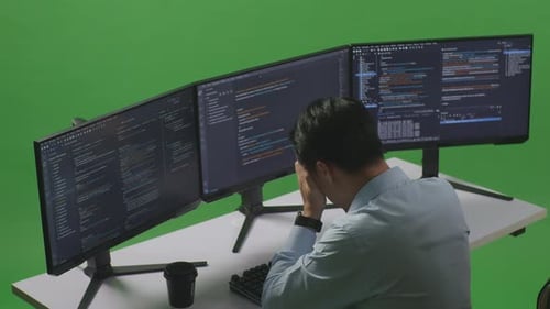 Asian Man Having Headache While Write Code With Multiple Computer Screens In Green Screen