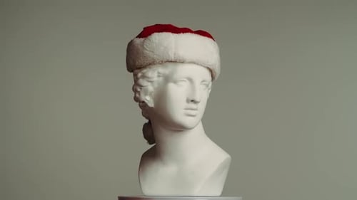 Closeup Shot Ancient Marble Bust Statue of Roman Era Woman in Santa Hat Spinning on a Platform