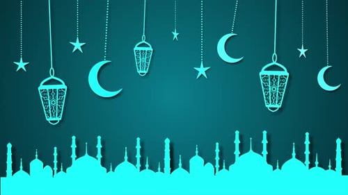 Ramadan-Ul-Mubarak Theme With Crescent, Stars And Lantern Ornaments Abstract Background