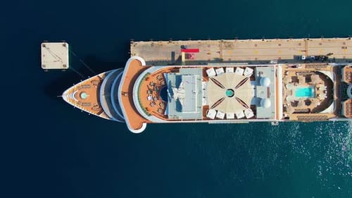 Luxury Cruise Ship Docked Aerial Birds Eye View