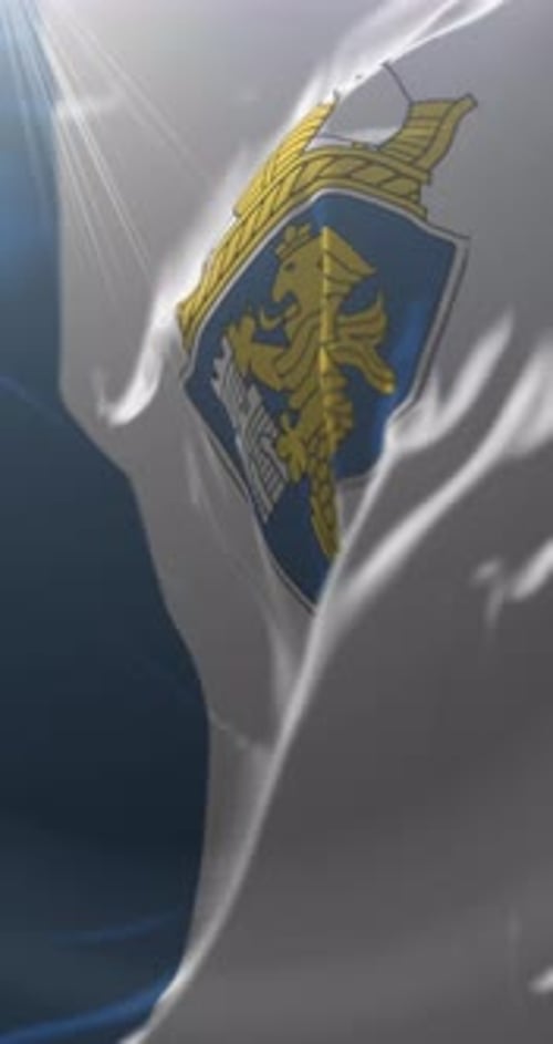 Realistic Vertical Waving Flag with Coat of Arms