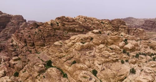 Archaeological Site With Layered Sandstone In Wadi Musa Mountains Near Petra Ancient City, Jordan. A