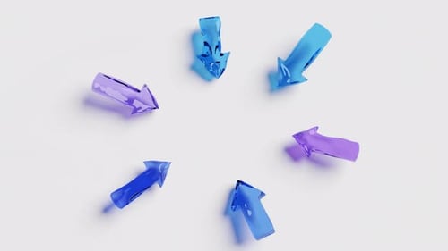 3d animation of arrows in different shades of blue falling together towards a central meeting point