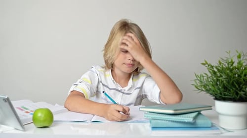 Middle School Smiling Student Boy Sitting at Desk Studying Writing Book Homework and Tablet at Class