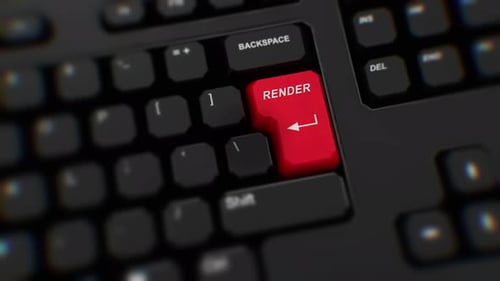3D realistic button. A finger presses the vibrant red RENDER button on a sleek keyboard. Close up