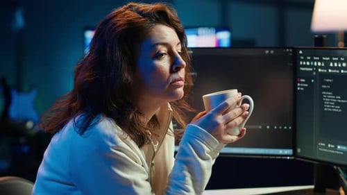 Joyful IT Worker Holding Coffee Mug and Debugging Code
