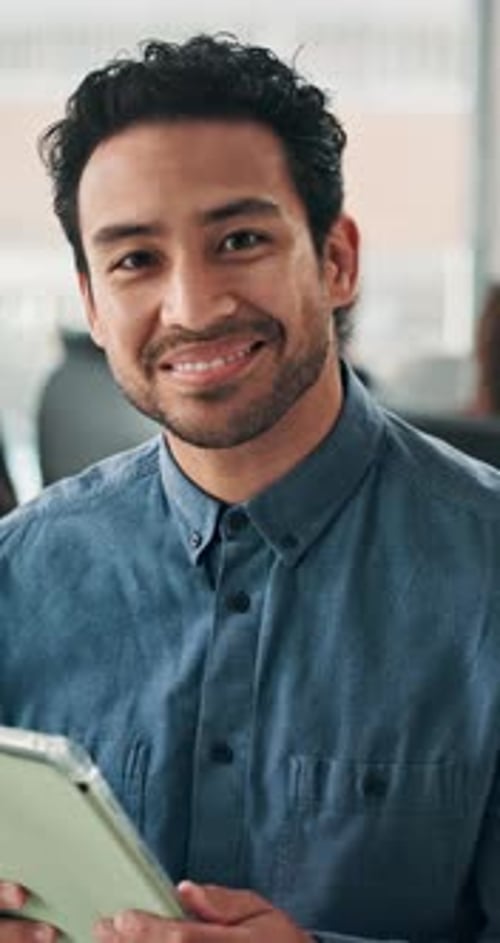 Face, confident or man with tablet in creative agency, planning editorial calendar or professional