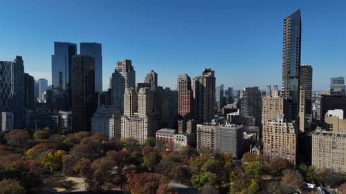 Aerial video above skyscrapers and skyline in Manhattan, New York