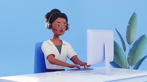 3D Animated Customer Support Character Typing at Computer Desk