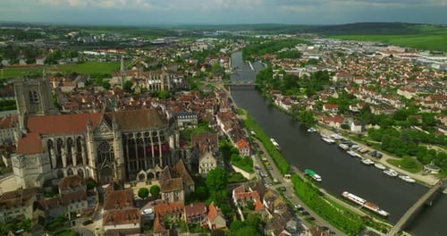 Establishing Shot of the French Center of the Medieval City of Auxerre Which is Separated By the