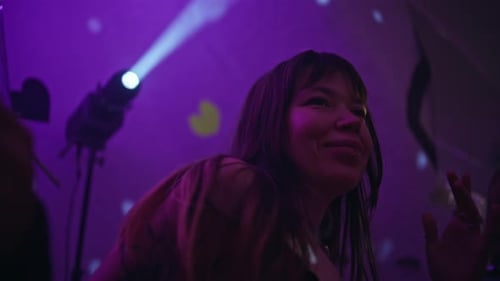 Smiling Clubbers Dancing Neon Club Light Closeup Joyful Woman Having Fun in Bar