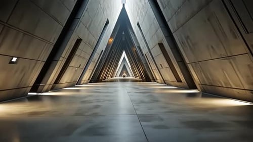 Futuristic, triangular corridor with polished floor and recessed lighting