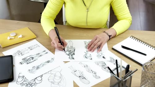 Fashion Designer Sketches Designs at Desk