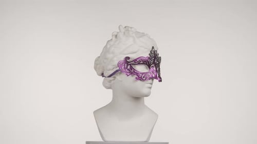 Closeup Shot Ancient Marble Bust Statue of Roman Era Woman in Carnival Mask Spinning Round on a