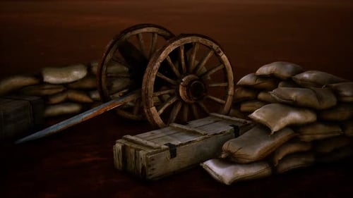 Dramatic Battlefield Scene with Old Wagon Wheels and Sandbags