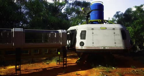 Futuristic Spacecraft Near a Lush Forest During Bright Daylight Hours