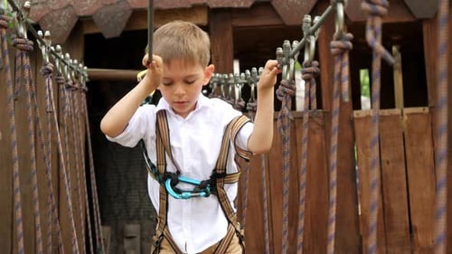 Portrait of brave boy crossing bridge made of planks and ropes at extreme adventure park