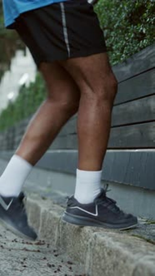 Active, outdoor and fitness for legs, stairs and getting ready for workout routine