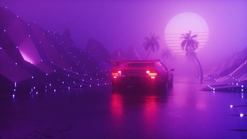 Synth Wave Style Futuristic Background Of Riding Sports Car At Foggy Landscape