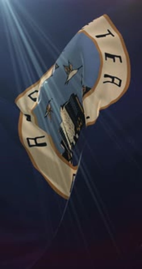 Fluid Waving Banner Animation with Cityscape and Text