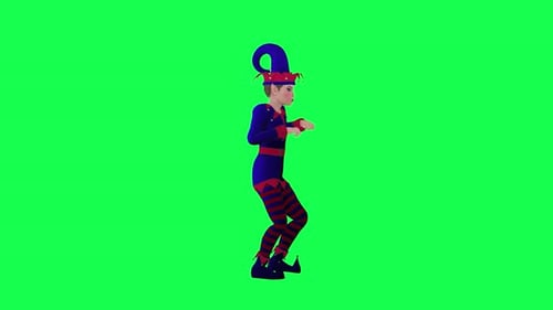 Elfe animé en 3D en robe bleue et rouge dansant et applaudissant sur écran vert à angle droit