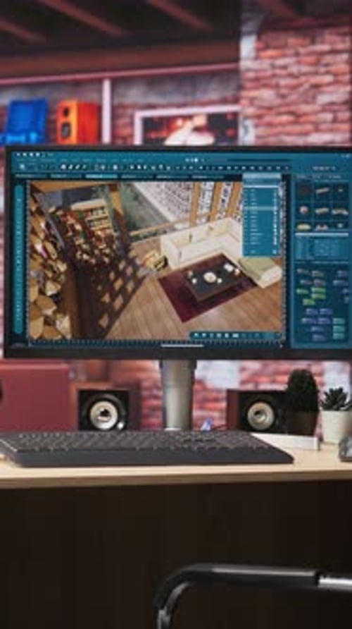 Programa de modelado 3D de diseño arquitectónico de vídeo vertical en pantalla de PC