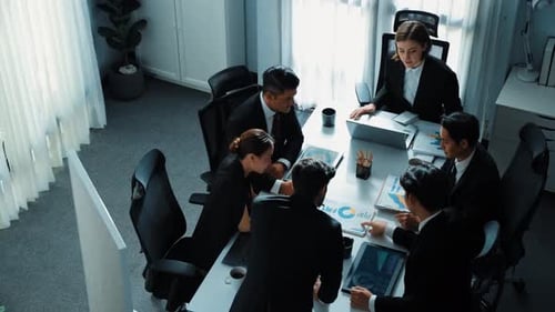 Top view of skilled business people brainstorm marketing idea. Directorate.