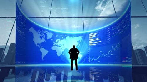 Futuristic World Map and Corporate Data Display Animation